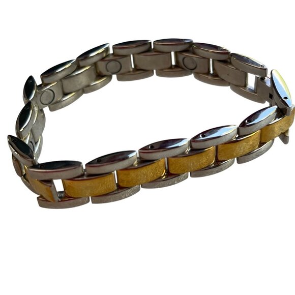 Two-Tone Stainless Steel Magnetic Link Bracelet 7.5" Unisex Stylish Therapy A81 - Picture 1 of 6